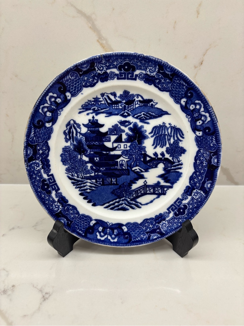Antique Blue Willow Transferware Plate Flow Blue Pagoda Landscape Image